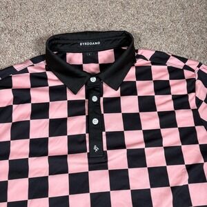 BYRDGANG Men's Pink Black Checkerboard Golf Polo Shirt Size L Flamingo Logo